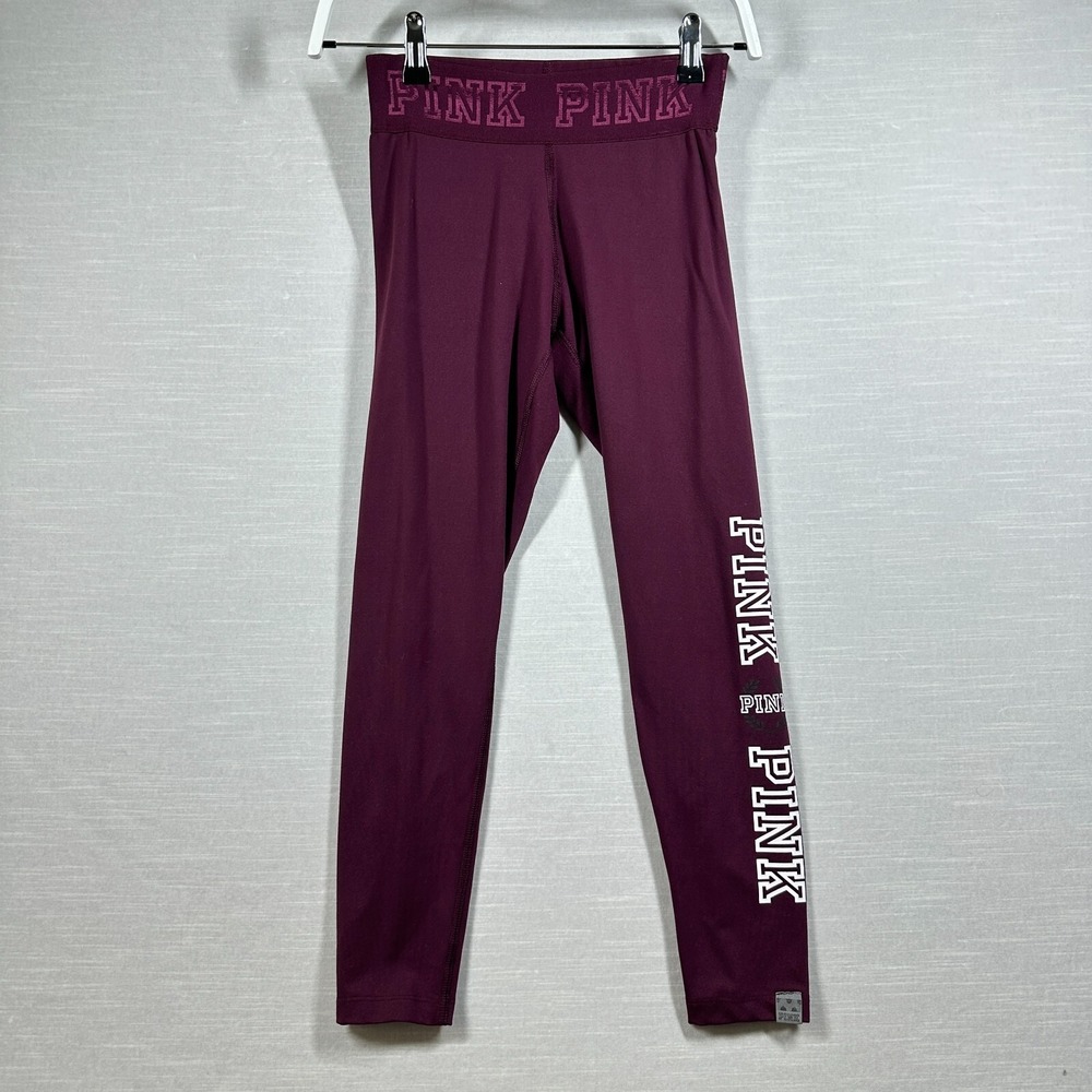 PINK Victoria's Secret Leggings Women‎ XS (Fits 23) Maroon Logo Athleisure Y2K